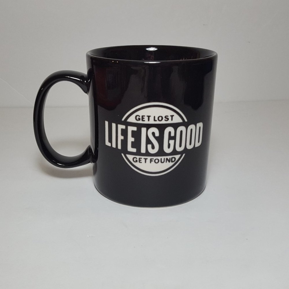 Life Is Good Get Lost Get Found coffee mug black 16 oz debossed laser cut design